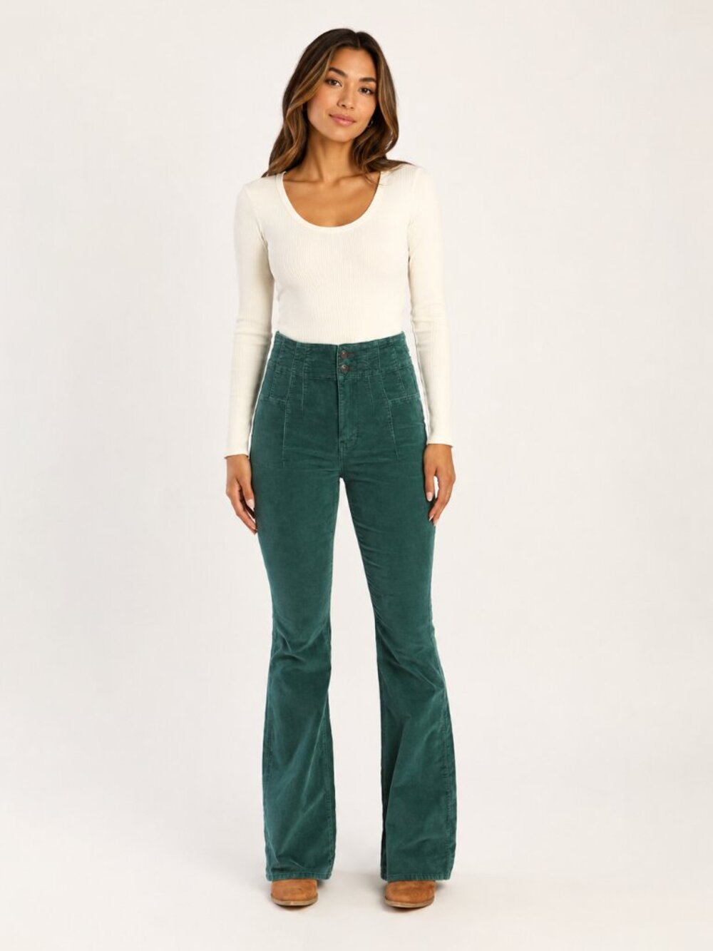 Free People Jayde Forest Green High Rise Flared Corduroy Pants Size 31 Boho